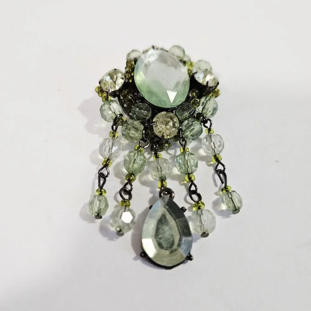 Vintage Victorian Revival Green Rhinestone Beaded Dangle Teardrop Brooch Pin